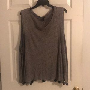 J Crew gray sleeveless tank w black pom pom trim
